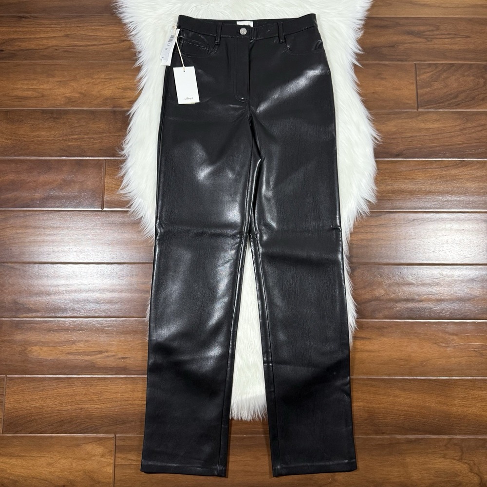 Wilfred Aritzia Size 4 Black‎ Faux Vegan Leather Melina Straight Leg Pants